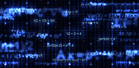 Abstract blue science background featuring complex math formulas and physics notations glowing on...
