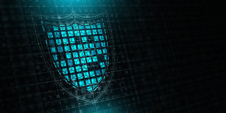 Abstract cyber shield with blue encryption pattern and glowing secure matrix background....