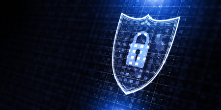 Futuristic glowing shield with digital lock on cyber matrix background, perfect for information...