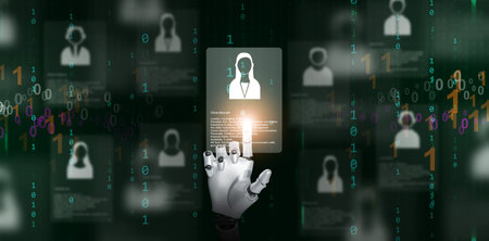 Artificial intelligence robot analyzing applicant information and choosing the right woman candidate. Futuristic HR concept of digital recruitment, automation, intelligent workforce management.の写真素材