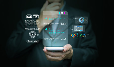 Futuristic AI agent interface on mobile screen displaying digital analytics and automation dashboard, representing smart virtual assistant technology for modern business and innovation.の写真素材