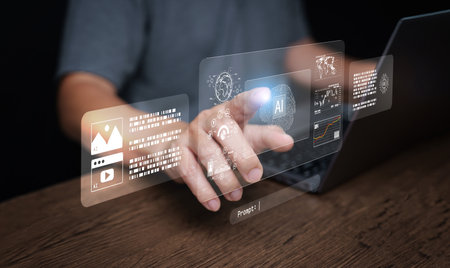 Futuristic AI agent interface with interactive prompt control and analytics dashboard. Virtual assistant, automation, and modern artificial intelligence innovation for smart business.の写真素材