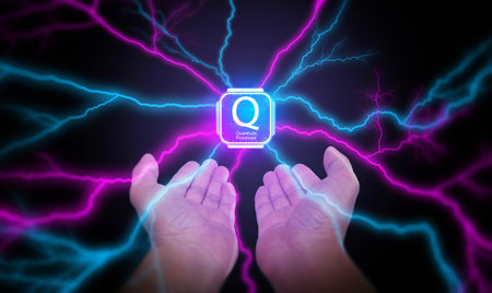 powerful quantum processor chip emitting blue and purple energy on hands, representing futuristic AI...
