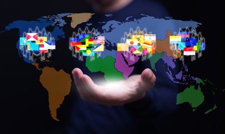 Multilateral cooperation and international partnership, featuring global people silhouettes and mixed flags over a world map, symbolizing unity, equality, and diplomacy.の写真素材