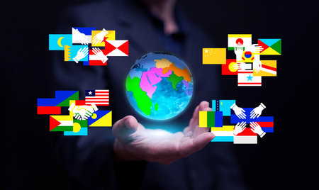 Creative illustration of a glowing Earth with handshake icons and country flags, Unity, peace, and global multilateral relationships in international affairs and diplomacy.の写真素材