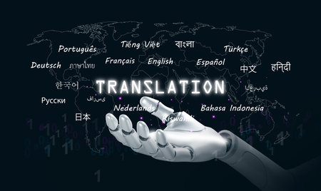 AI translation concept. Robot hand, digital world map, and multilingual texts, representing artificial intelligence, smart translating communication, and global interpreting technology.の写真素材