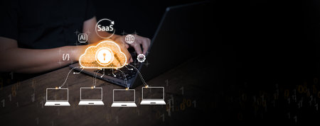 Secure SaaS, Software as a Service, cloud computing with AI integration and data encryption network...