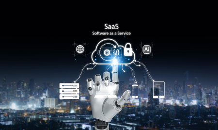 Artificial intelligence robot interacting with SaaS, Software as a Service, cloud computing system,...