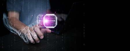 Concept of digital twin controlling a virtual processor chip, representing future computing, AI...