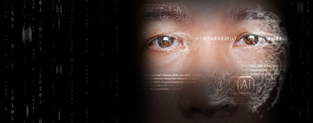 Digital twin concept showing human face merging with artificial intelligence interface, representing machine learning, data visualization, and digital transformation in smart technology.の写真素材