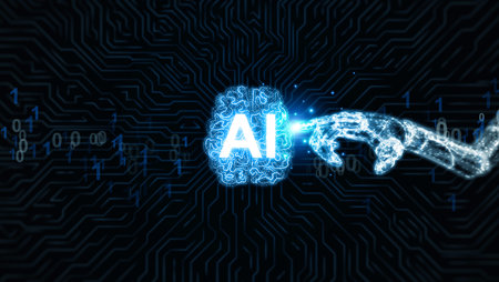 Digital robot hand connecting with illuminated AI brain over electronic circuit pattern,...