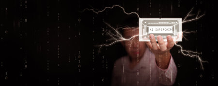 AI superchip held forward by a man with electric energy and floating binary code, Advanced computing...