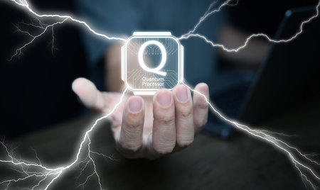 A man with laptop holds glowing quantum processor chip with electric lightning effect. Ultra fast...