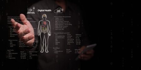 Digital health technology concept. A man checking human body interface. Medical checkup results, vital signs, internal organs, health data analytics. Wellness healthcare diagnostics, and monitoringの写真素材