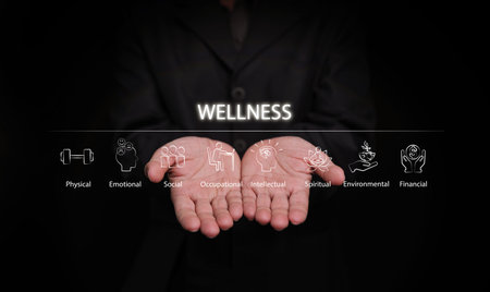 Open hands with wellness concept icons for physical, emotional, social, occupational, intellectual, spiritual, environmental and financial balance. Holistic health, wellbeing, and mindful living.