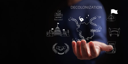 Decolonization concept. Hand holds country with broken chains and open lock with icons of democracy,...