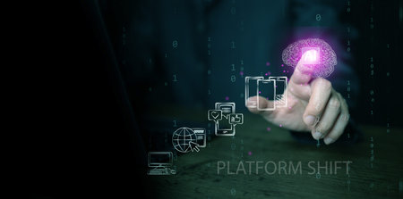 Technology platform shift. Man touches glowing AI brain icon, evolving through PC, internet, social...