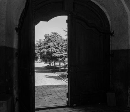 View of the city through open doorsの写真素材