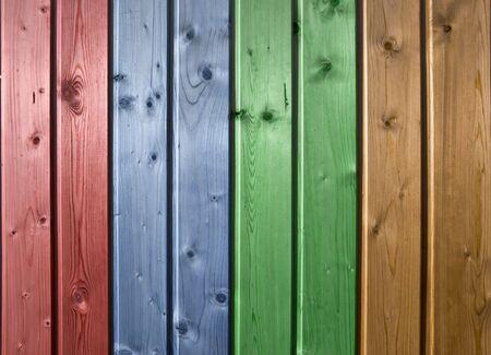Wall of pine multicolor wood board. Lining closeup, frontally.の写真素材