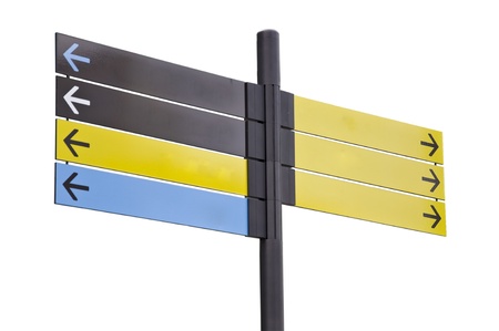 Colorful plastic informational signs with arrows. Show the direction. Isolation on white background.