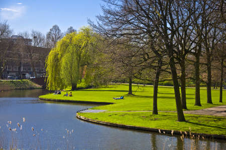 Beautiful green lawn on the canal bank in Amsterdam. Spring Park. Cityscapesの写真素材