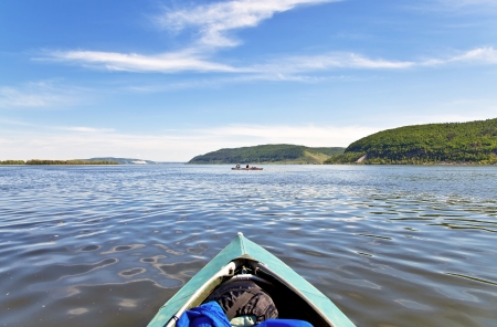 Bow of the boat and the landscape with blue sky  The Volga River  Samara の写真素材
