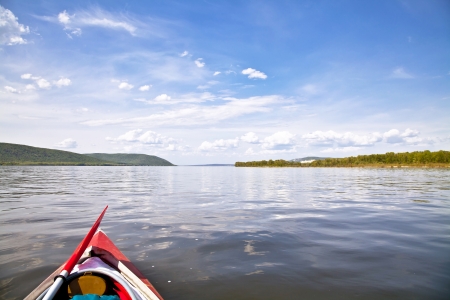 kayak on the water  Against the background of Zhiguli Mountains  The Volga River near Samara  の写真素材