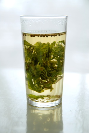 Mint tea in a glass glass shot at short rangeの写真素材