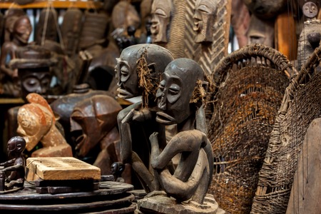 Masai Mara, Kenya - 03 January: Sculptures, masks for the ceremonies at the gift shop for tourists...