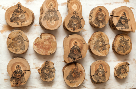 Kobzar Ukrainian musician and doves are depicted on a white backgroundの写真素材