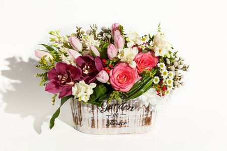 Flower bouquet composition for the holiday, spring bouquet of flowers for your favorite, festive bouquet of flowers for a wedding, hyacinths, flower Brunei, Tulips, Archidamus, roses, hrisanthemomの写真素材