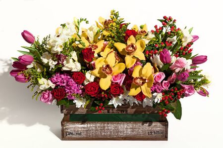 Flower bouquet composition for the holiday, spring bouquet of flowers for your favorite, festive bouquet of flowers for a wedding, hyacinths, flower Brunei, Tulips, Archidamus, roses, hrisanthemomの写真素材
