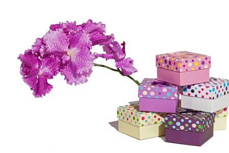 Gift with a flower.Gift boxes with the drawing of a flower on a white background.Gift with an orchid.の写真素材