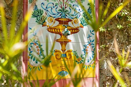 Wall decorated with vintage square tile ornament,Tile ornamentの写真素材