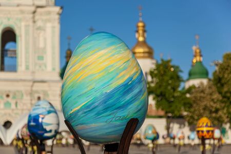 Kyiv, Ukraine, Sophia Square, 2 of May 2016.Picture of the blue firebird. Macro shot of the painted picture of the blue firebird on the Easter egg on Ukrainian festival in Kyiv.のeditorial素材