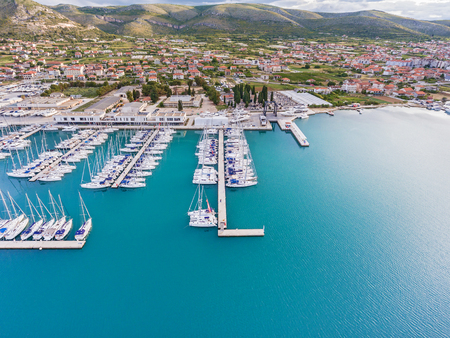 Photos of yachts and the old town of Trogir from the helicopter. Croatia adriaticsea seaの写真素材