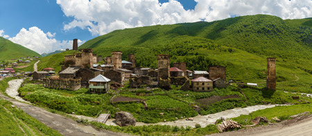 Sights of Georgia the city of Mestia Ushguli. View of the village Adishi. Upper Svaneti, Georgiaの写真素材