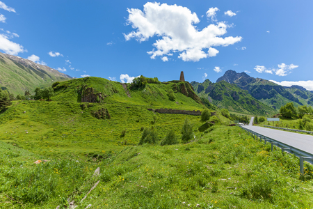 Mountain road through a mountain pass, Kazbegi and military Georgian roadの写真素材