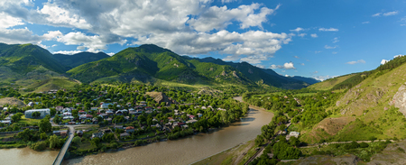 panoramic view from the fortress to the valley, Atskuri Fortress Ruins, Georgiaの写真素材