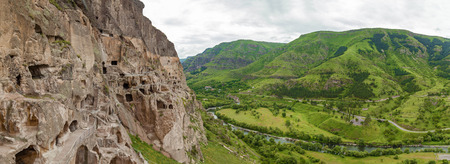 View from the caves of the monastery Vardzia Georgia. Vardzia is a cave monastery site excavated from Erusheti Mountain on the left bank of the Mtkvari River, near Akhaltsikhe,の写真素材