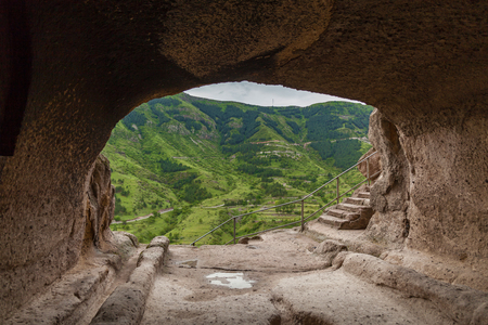 View from the caves of the monastery Vardzia Georgia. Vardzia is a cave monastery site excavated from Erusheti Mountain on the left bank of the Mtkvari River, near Akhaltsikhe,の写真素材