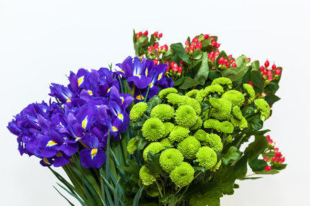 Bouquet of chrysanthemums and irises on a white background. colorful floral bouquet white backgroundの写真素材