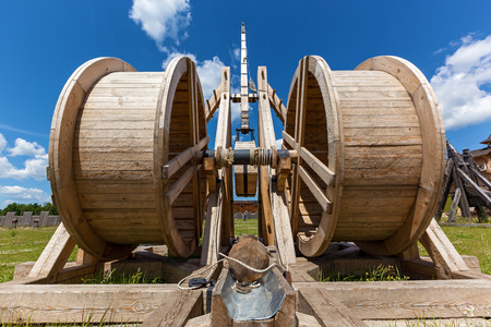 Wooden catapult on the sky background. Catapultの写真素材