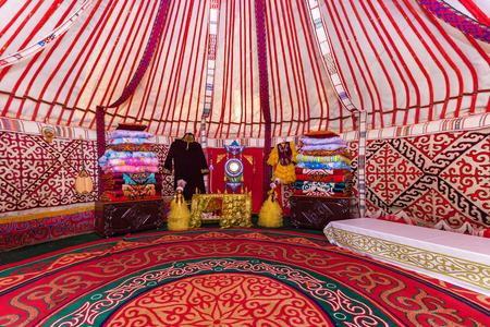 Charyn Canyon, KAZAKHSTAN - July 27: Interior of the yurt, nomadic mobile home, typical of Central Asia. July 2016のeditorial素材