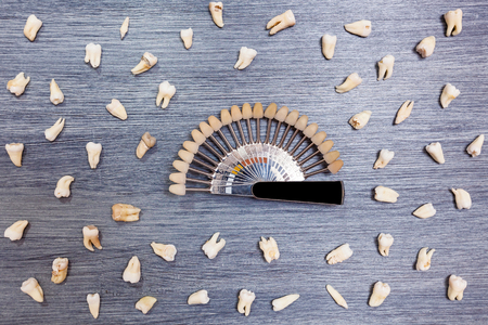 Dentists tools lie on the table with teeth. Instruments for dentists. Teeth of peopleの写真素材