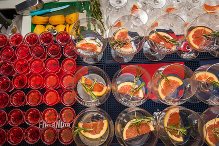 Ukraine Kiev March 22, 2016: Bar counter and glasses with the inscriptions Finlandia. Finlandia is the Finnish vodka, owned by the Brown-Forman corporation.のeditorial素材