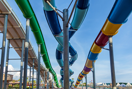 Alanya, Turkey 6 May 2016: Many waterslides all by themselves among the water surface,Aquapark May 6, 2016 in Turkey, Alanyaのeditorial素材