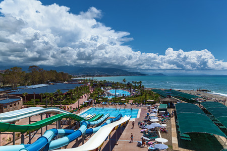 Alanya, Turkey 6 May 2016: Many waterslides all by themselves among the water surface,Aquapark May 6, 2016 in Turkey, Alanyaのeditorial素材