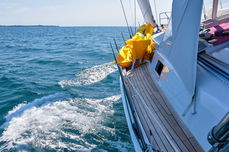 Rigging on a yacht. View from the onboard luxury sailboat sailing in the Adriatic Sea, Montenegro, Europeの写真素材