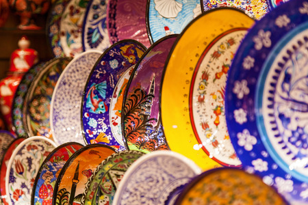 Traditional Turkish ceramics disposed in a store in Grand Bazaar, Istanbulの写真素材